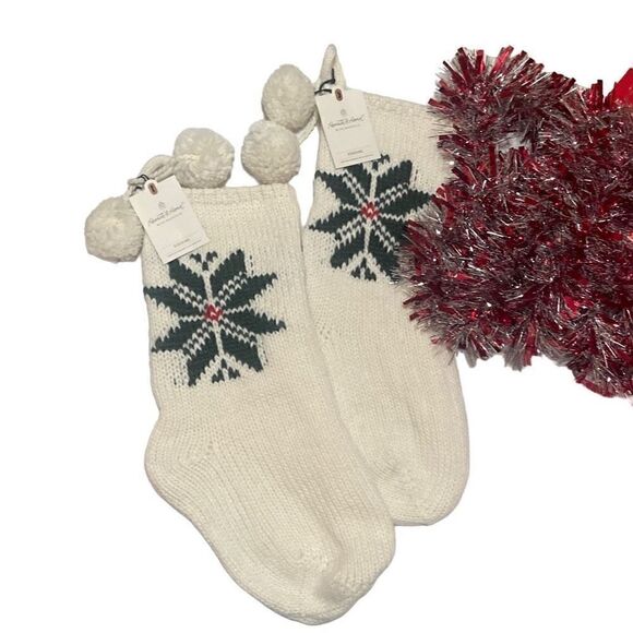 Christmas Lot: 2 Lined Knit Stockings 2 Sets 10’ Tinsel Garland & Kitchen Towels - Picture 2 of 9